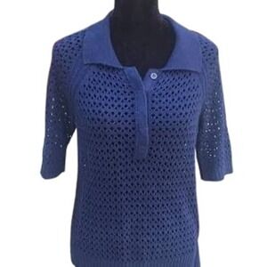 Michael Stars‎ Short Sleeve Open Knit Cotton Polo Sweater Navy Size Small/xsmall